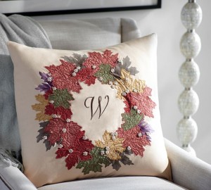 Pottery Barn Fall Leaf Embroidered Wreath Pillow